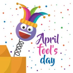 Colorful jack in the box with a sign for April Fools Day